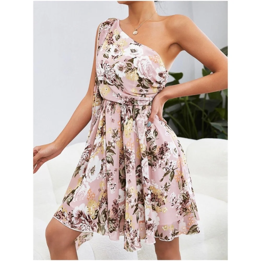 Bohemian Blush Pink Floral Print One Shoulder Mini Dress - Picture 4 of 5